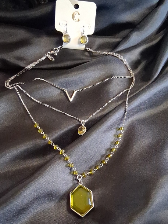 Charming Charlie Jewelry - Charming Charlie Silver Layered Necklace & Earring Set with Olive Green Stones
